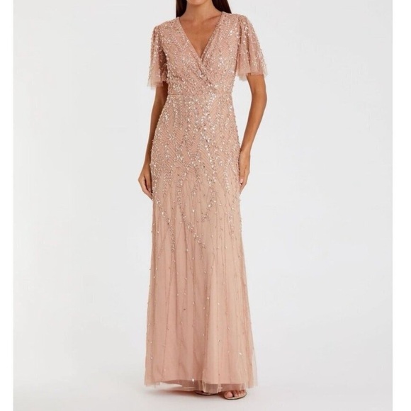 Mac Duggal Wrap Effect Surplice Bodice LeatyEmbellished Flutter Sleeves Gown